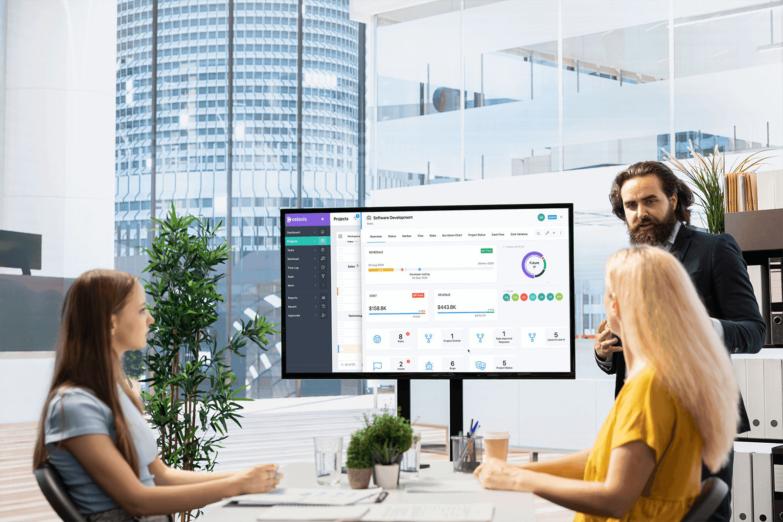 Ein Team überprüft ein Celoxis-Dashboard