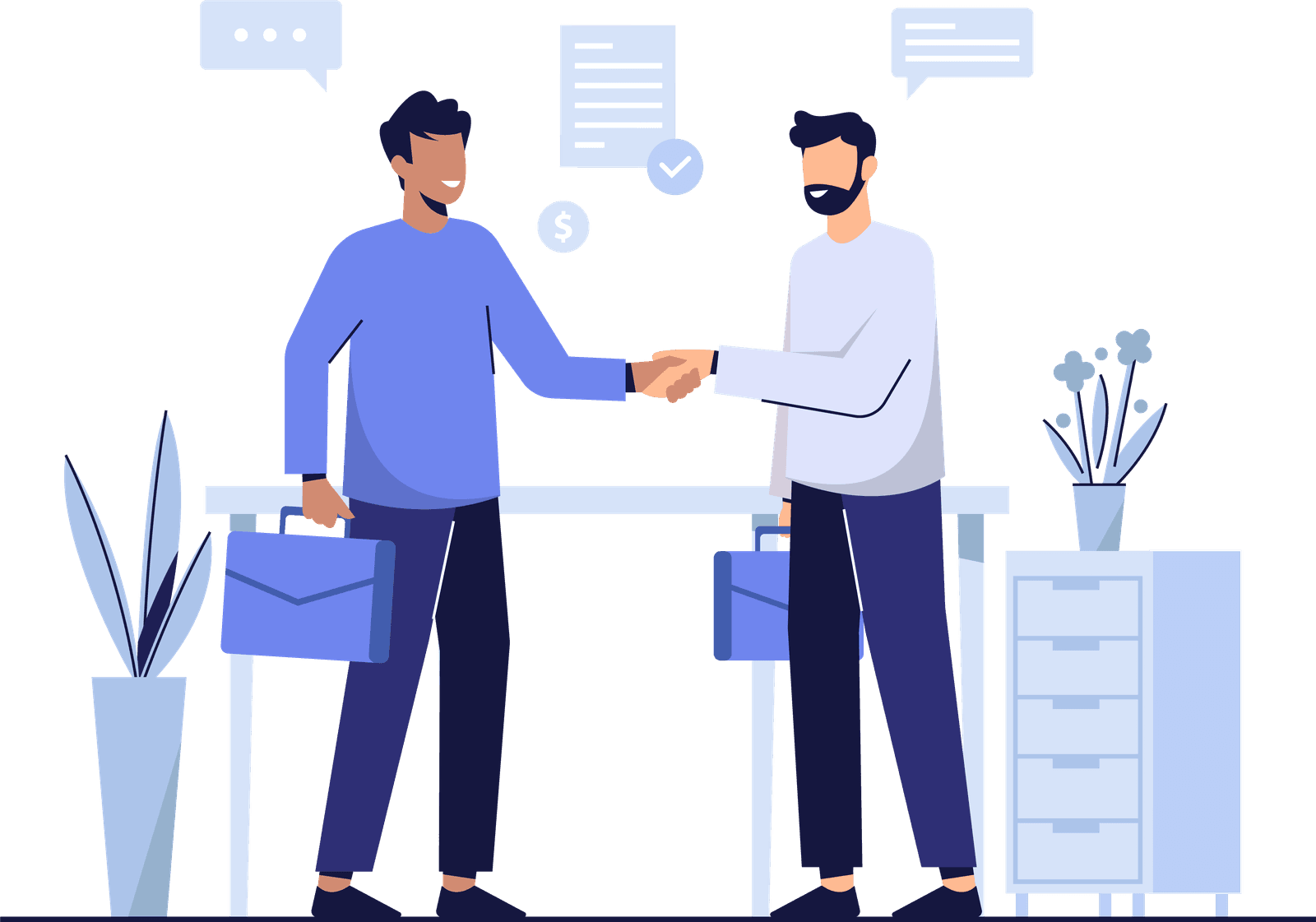 Two business partners shaking hands over a desk